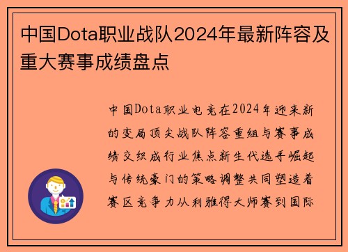 中国Dota职业战队2024年最新阵容及重大赛事成绩盘点